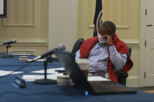 Rucker was emotional after this morning's unanimous Board of Visitors vote to rename the University Center in honor of him upon his June retirement. Photo by Karen Pearlman.