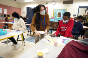 Falmouth Elementary art teacher Chloe Wade is one of the UMW graduate students who is teaching full time as part of a partnership between the College of Education and area schools. Photo by Suzanne Carr Rossi.