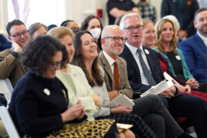 Speakers included (front row, from left) UMW Board of Visitors Rector Heather Crislip '95, Virginia Secretary of Education Aimee Rogstad Guidera, UMW College of Education student Katya Stafira, President Troy Paino and College of Education Dean Pete Kelly. Photo by Suzanne Carr Rossi.