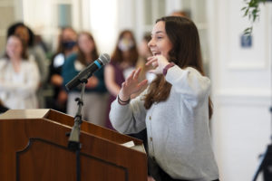 UMW junior Katya Stafira, who is studying special education, said of the College of Education's new home at Seacobeck, "I know that when I walk through these doors, my path to becoming an educator is valued." Photo by Suzanne Carr Rossi.