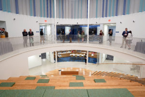 A two-story forum with "stadium stairs" leads down to the Office of Disability Resources and provides a central location for anyone in the building to come together. Photo by Suzanne Carr Rossi.