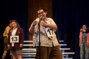 William G. Pineda Jr. ’22 appears as William Barfée in UMW Theatre's production of 'The 25th Annual Putnam County Spelling Bee.' The play runs in duPont Hall's Klein Theatre through April 16. Photo by Geoff Greene.