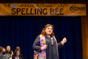 Taryn Snyder '15, assistant to the chair of the Department of Theatre, plays one of two adult roles in the play: Rona Lisa Peretti, the spelling bee organizer. Photo by Geoff Greene.