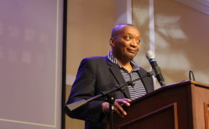 Dean Rucker, speaking at his last Eagle Awards before retirement, was visibly moved and reflective throughout the ceremony, which ended with a tribute video celebrating his four decades at Mary Washington. Photo by Kayla Zegada.