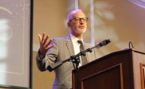 “Every class is amazing, but looking out at the students gathered here tonight – you’ve led our community through one of the most difficult times in its history,” UMW President Troy Paino said in his remarks on Thursday. Photo by Kayla Zegada.