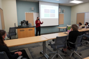 Senior Jasmine Villanueva presents “Mastering English and a Home Language: The Truth Behind English as a Second Language Instruction” during the Research & Creativity Day symposium. Photo by Suzanne Carr Rossi.