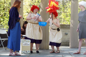 Katharine Bogen plays Puer I, Brooke Prevedel plays Puer II and Eleanor Clark plays Palinurus in "Curculio." Seated is Jessica Thorne, who played the title role. Matt Nelson, not pictured, played Lyco. Photo by Suzanne Carr Rossi.