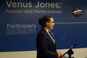 UMW senior Timbila Kabre was among the students and faculty who helped create the mural honoring Dr. Venus Jones, the first African-American woman to graduate from Mary Washington. Photo by Suzanne Carr Rossi.