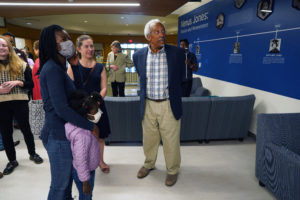 Albert Jones III, Dr. Jones' brother, chats with Professor of History Erin Devlin (center) and Professor of Biological Sciences Josephine Antwi (left). Photo by Suzanne Carr Rossi.