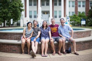 The fountain in front of Monroe Hall is always a draw at Reunion Weekend. Class of 2004 grads (from left) My-Phuong Pham, Bryce Perry, Tricia Piccinino Kapuscinski, Matt Kapuscinski and Andrew Dawson posed for a picture at the last Reunion Weekend in 2019.