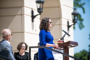 Vice President of Student Affairs Juliette Landphair speaks at Sunday's celebration to mark the impending renaming of the University Center in honor of longtime dean Cedric Rucker. Edward John Photography.