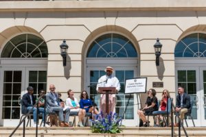 UMW Associate Vice President and Dean of Student Life Cedric Rucker (center) was honored Sunday during a naming celebration. Upon Rucker's retirement later this month, the University Center will bear Rucker's name. Photo by Edward John Photography.