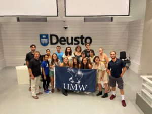 'UMW in Spain' participants gather for a photo at the Universidad de Deusto during ceremonies at the end of the program. Back row, left to right: Marcelo Ruggiero, Alissa Flores, Edward Haggerty, Madeline Killian, Norah Walsh, Nathan Francis, Julia May. Middle row, left to right: Eden Shenal and Rayna Smith. Front row, left to right: Center for International Education Director Jose Sainz, Jasmine Montecino, Jessica Oberlies, Abigail Tank, Kaitlin Saal, Hannah Stottlemyer, Liliana Ramirez, Tyler Ventura. Photo courtesy of Jose Sainz.