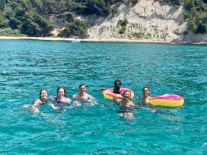 UMW students Madeline Ice, Rose McMullen, JD Rutledge, Celide Verna, Nell Hatton and Maggie Hatton take a swim during a boat tour of the limestone coves between Marseilles and Cassis on the Mediterranean. The area is a nature preserve with 140 protected animal and plant species. Photo courtesy of Brooke DiLauro.