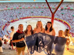 'UMW in Spain' and other study abroad programs returned this year at University of Mary Washington. In this photo, from left to right, Center for International Education Director Jose Sainz poses with UMW students Jessica Oberlies, Madeline Killian, Julia May and Gwen Harrison during the running of the bulls in Pamplona. Photo courtesy of Jose Sainz.