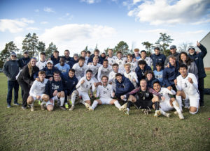The UMW men's soccer team poses at its recent game against Ohio Wesleyan. Having advanced to the NCAA semifinals for the second time in the team's history, the Eagles are the only public university and Virginia team still standing in the final four. Photo by Tom Rothenberg.