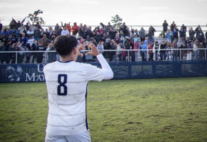 UMW soccer player Diego Guzman shows the crowd some love during the NCAA semifinals late last year. Mary Wash Giving Day gifts support the success of UMW athletes, artists, scholars and so much more.