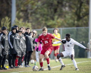 UMW's Gadsoni Abel takes action on the pitch as Mary Washington's men's soccer team beats Ohio Wesleyan in the second round of the NCAA tournament. Photo by Tom Rothenberg.