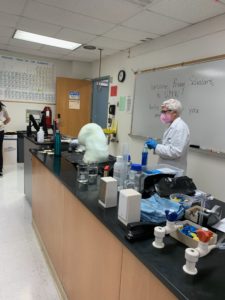 Associate Professor of Chemistry Leanna Giancarlo teaches Spotsylvania Elementary School students about kinetics by making "elephant toothpaste." The experiment shows the reaction between hydrogen peroxide and dish soap.