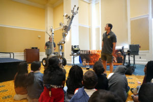 Engineers from the Naval Surface Warfare Center Dahlgren Division brought an assortment of robots to the UMW campus to pique the minds and imaginations of field-tripping elementary-schoolers. Photo by Suzanne Carr Rossi.