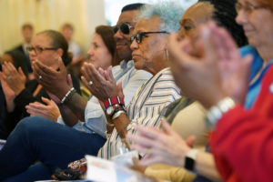 Blues artist and civil rights activist Gaye Todd Adegbalola attended the unveiling event with son Juno Pitchford. She was among many Fredericksburg history-makers present for the launch of the new civil rights trail, "Freedom, A Work in Progress." Photo by Suzanne Carr Rossi.