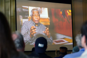 Fredericksburg's new civil rights trail "Freedom, A Work in Progress," includes testimonials from community elders who lived through segregation and desegregation. This video testimonial by the late Johnny P. Jonson, longtime artist and educator, is included on the trail's website and was shown at the unveiling event. The second stop on the new trail is the Johnny P. Johnson mural at the corner of William and Sophia streets. Photo by Suzanne Carr Rossi.