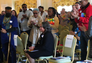 Kaye Savage, the first Black residential student to attend the University of Mary Washington, then Mary Washington College, in 1962, receives applause during yesterday's ceremony. Photo by Suzanne Carr Rossi.