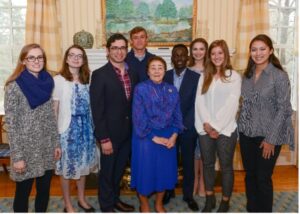 Rodgers poses in 2018 with a group of Mary Washington scholarship recipients who have benefitted from her generosity. To date, 85 students have earned awards thanks to funding provided by Rodgers.