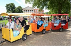 Rodgers rides the trolley with fellow members of Mary Washington's Class of 1959 at the 2017 Mary Washington Reunion. Rodgers kept in touch with her alma mater and with many of the recipients of her funding.
