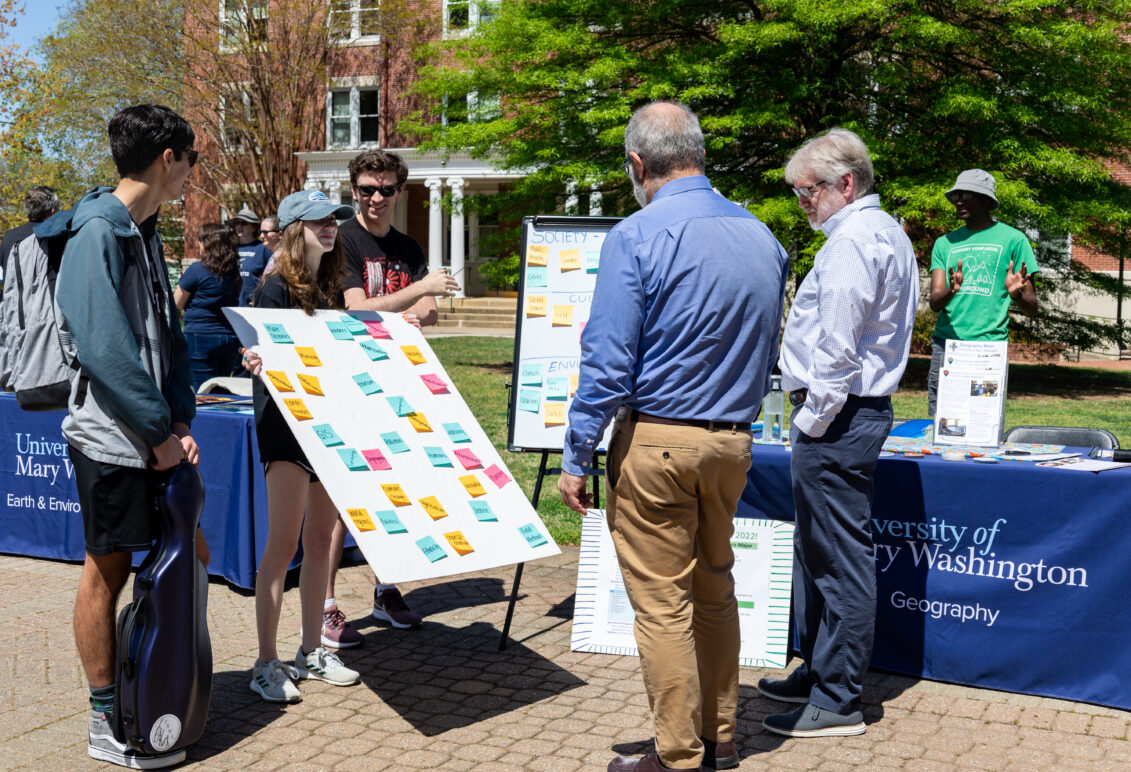 Two men admire a poster adorned with colorful sticky notes representing community values