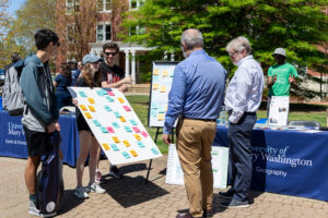 Professors of Geography (foreground) Farhang Rouhani (left) and Steve Hanna watch while students (from left) Kaleb Dunlap, Elisa Luckabaugh, Colin Uhry and Devin Thigpen play a game revolving around concentrations within the geography major during last year's ASPIRE Week. Photo by Sam Cahill.