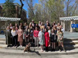 The newest members of UMW's Kappa of Virginia chapter of Phi Beta Kappa pose at Mary Washington's Heslep Amphitheatre. Phi Beta Kappa membership is a prestigious honor, with chapters existing at just 10 percent of America's colleges and universities, and fewer than 10 percent of students at each of those schools being selected for membership.