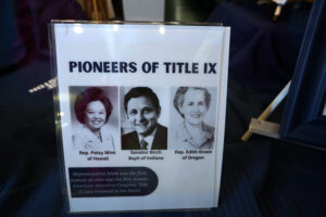 UMW's 'Dear Colleagues: Title IX Exhibition' showcases 50 years of the legislation's existence and growth and features mementos from UMW events designed to raise awareness of sexual assault and violence. The display is on view in two cases at the entrance of Simpson Library. Photo by Suzanne Carr Rossi.