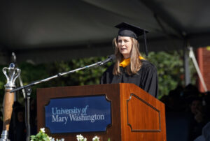 UMW alum Jennifer Clift ’00, senior scientific technical manager and chief technology officer for the Naval Surface Warfare Center, Dahlgren Division, delivered the Commencement keynote address. Photo by Suzanne Carr Rossi.