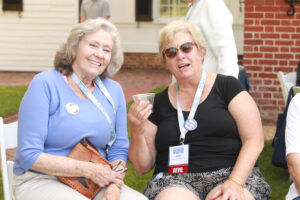 Kath Davey White '73 (left) and Debra Puryear Aurora '73 were among the nearly 850 alumni and their families and friends who returned to campus for the University of Mary Washington's Reunion Weekend 2023. Photo by Karen Pearlman Photography.