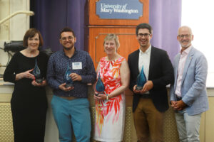 Four alumni received Alumni Awards at 2023's Reunion Weekend. From left: Janet Hedrick '73, Brent Turner Monseur '09, Beth Craig '77, Sean Simons '13 and UMW President Troy Paino. Photo by Karen Pearlman Photography. 