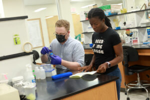 UMW student Harrison Miles, a conservation biology major, works with Assistant Professor of Biological Sciences Josephine Antwi during the Summer Science Institute. Together, they are researching a fungus that could be useful in creating more effective organic pesticides. Photo by Karen Pearlman.