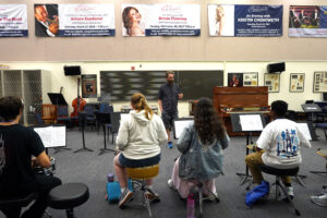 UMW Adjunct Professor of Percussion Matt Case teaches participants basic skills during his Summer Enhancement Program course, "Drumroll Please! An Introduction to Percussion." Photo by Suzanne Carr Rossi.
