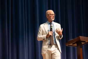 University of Mary Washington President Troy Paino addresses the faculty and staff at the start of the 2023-24 academic year. Photo by Sam Cahill.