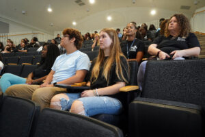 Prince William County Schools Organizational Development Specialist Kelli Stenhouse (second row, second from right) organized October's Teachers for Tomorrow field trip to UMW for 80 teens from five high schools. Photo by Suzanne Carr Rossi.