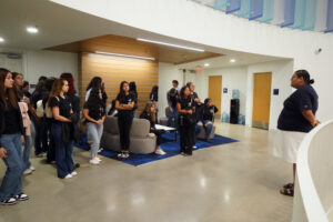 UMW student Daniela Villatoro-Carcamo leads high school Teachers for Tomorrow students on a tour of Seacobeck Hall. Photo by Suzanne Carr Rossi.