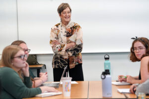 Former Peace Corps Director Jody Olsen spoke to University of Mary Washington students last week about the power of service abroad. The talk took place inside Seacobeck Hall, home to UMW's College of Education. Photo by Suzanne Carr Rossi.