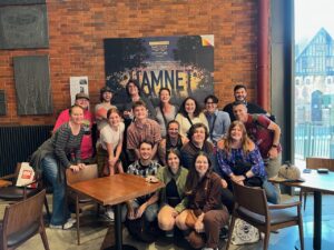 Huff (back row, third from right) saw 19 productions during the three-week trip, including the Royal Shakespeare Company's production of Maggie O'Farrell's 'Hamnet' (a fictional account of Shakespeare's son) in Stratford-upon-Avon. Photo courtesy of UMW Theatre.