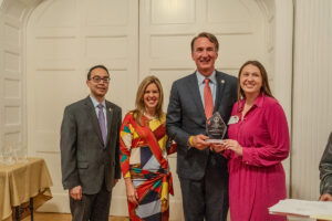 UMW alumna Meghan McLees '23 received the Outstanding Young Volunteer Award at last night's 2023 Volunteerismand Community Service Awards ceremony at the Governor's Mansion in Richmond. Pictured here are, from left to right: Chairman of the Virginia Governor’s Advisory Board on Service and Volunteerism Cliff Yee, Virginia First Lady Suzanne S. Youngkin, Virginia Gov. Glenn Youngkin and McLees. Official Photo by Christian Martinez, Office of Governor Glenn Youngkin.