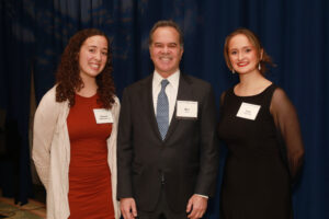 Seniors Hannah Stottlemyer (left) and Sofia Taylor, two of Irene Piscopo Rodgers' Alvey Scholarship recipients, honored their late donor, along with Rodgers' attorney and friend, Ron Pohl, at UMW's Celebration of Giving on Dec. 6. Photo by Karen Pearlman Photography.