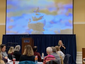 Psychologist and author Sarah Rose Cavanagh speaks to UMW faculty and staff in the Cedric Rucker University Center's Chandler Ballroom about the challenges of recognizing and accommodating mental health issues in the college classroom.