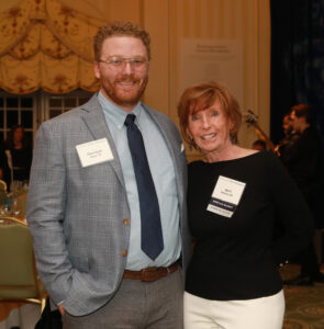 Harrison Miles '15, '23, who earned a post-baccalaureate degree in conservation biology, poses with his donor, Jerri Barden Perkins, MD, '61, at the 2023 Celebration of Giving. His research received the John C. and Jerri Barden Perkins '61 CAS Student Research Fellowship at last year's Summer Science Institute. Photo by Karen Pearlman Photography.