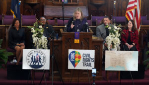 City of Fredericksburg Tourism Sales Manager Victoria Matthews, who spearheaded the Fredericksburg Civil Rights Trail project with UMW James Farmer Multicultural Center Assistant Director Chris Williams, told the crowd it all started with an email between the two in July of 2020 after they'd met during a 2019 bus trip retracing the Freedom Rides route. Photo by Suzanne Carr Rossi.