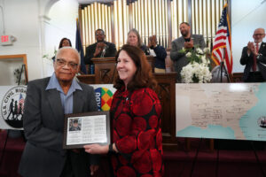 Fredericksburg Mayor Kerry Devine poses with longtime Stafford County resident Frank White, who received a special commendation for his contributions to the oral histories that are part of the Fredericksburg Civil Rights Trail. Photo by Suzanne Carr Rossi.