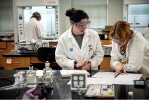 Professor of Chemistry and chair of the Department of Chemistry and Physics Janet Asper (right) works with Dorothy Haas '23 in Experimental Methods, a course that has students separating and identifying the molecules within a mixture. Through the years, Rodgers' generous gifts to her alma mater have bolstered students' pursuit of science.